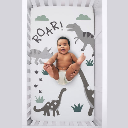 NoJo Baby-Saurus Photo Op ROAR Fitted Crib Sheet, Prehistoric Dinosaur Nursery Bedding, Grey, Sage Green and White