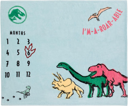 Jurassic World Dinosaurs Plush Milestone Baby Blanket, 40x50 Monthly Photo Op Fleece Blanket with Trackers, T-Rex & Triceratops, Light Blue