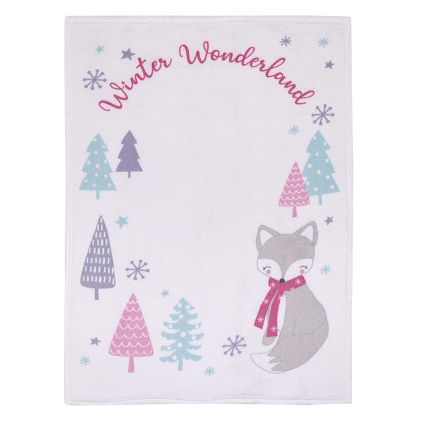 NoJo Winter Wonderland Plush Baby Blanket, 30x40 Photo Op Milestone Blanket with Scarfed Fox & Pine Trees, Pin