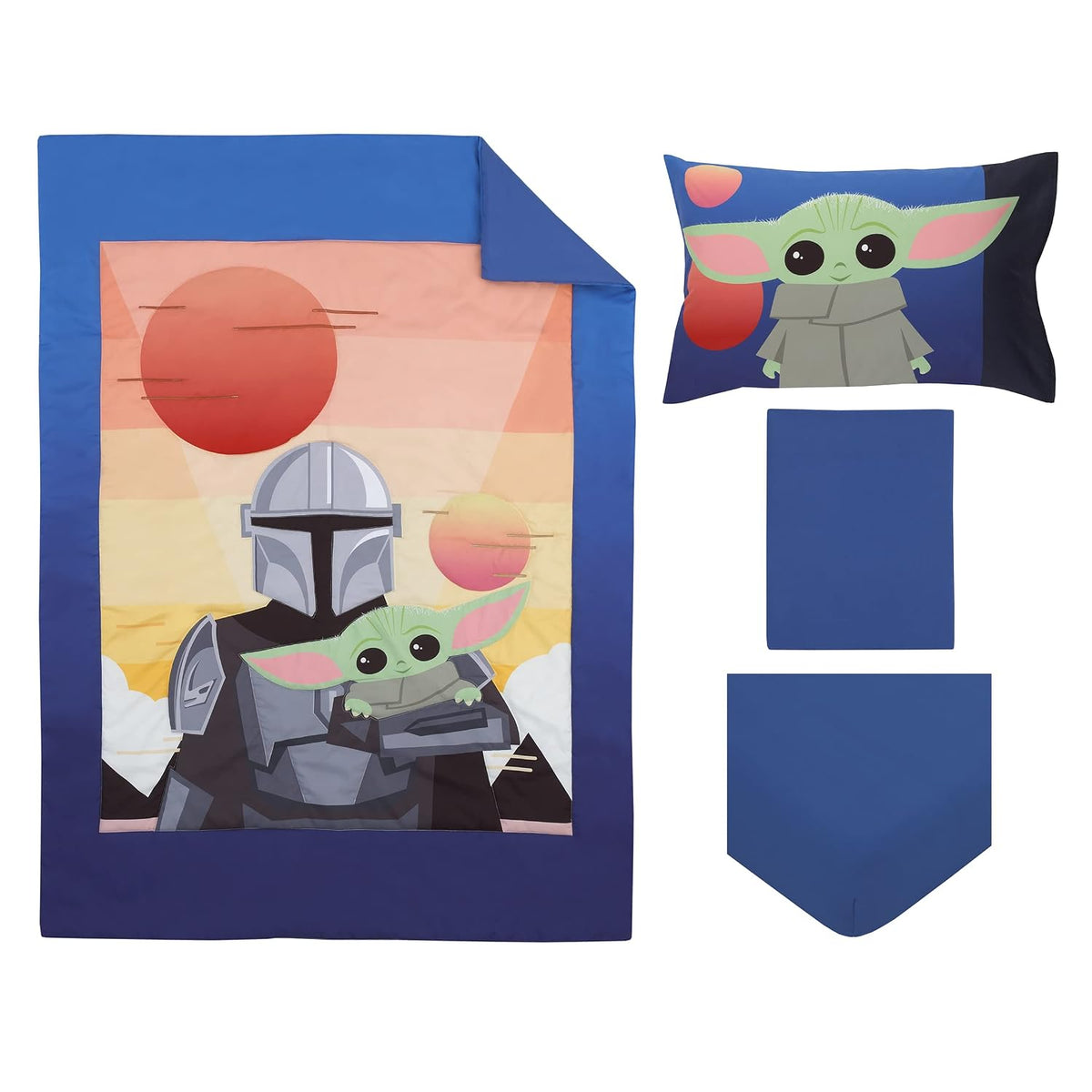 Star Wars The Mandalorian 4-Piece Toddler Bedding Set, Grogu and Mando Comforter, Sheets & Pillowcase, Navy and Orange