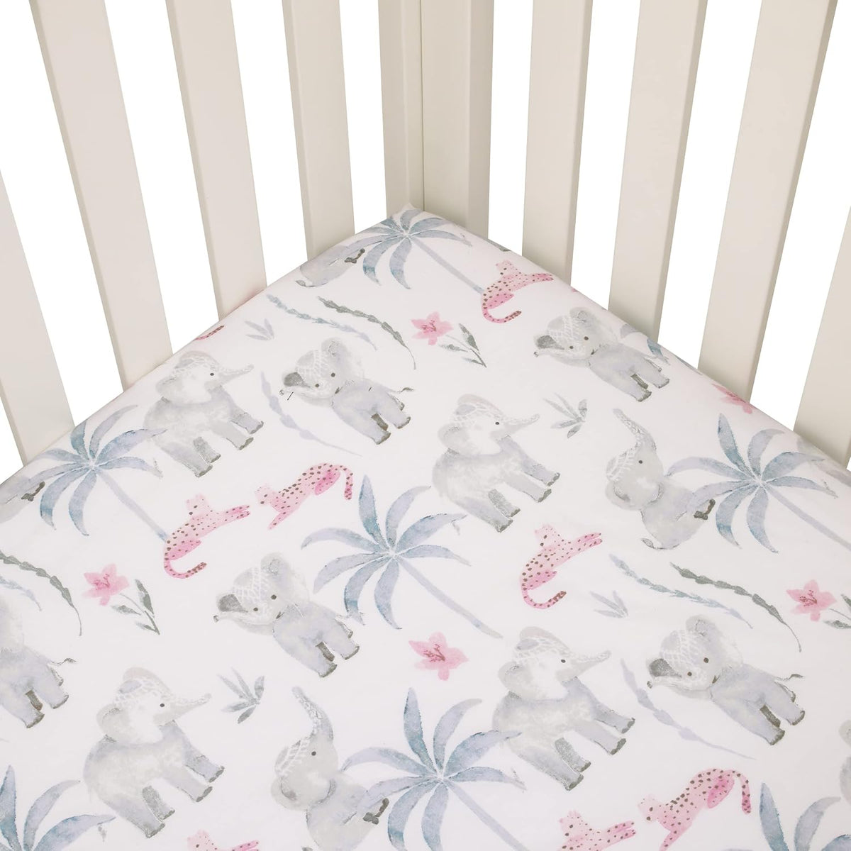 NoJo Watercolor Safari Floral Fitted Crib Sheet, Elephant, Cheetah & Palm Trees Baby Bed Sheet, Soft Pink, Grey and White