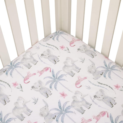NoJo Watercolor Safari Floral Fitted Crib Sheet, Elephant, Cheetah & Palm Trees Baby Bed Sheet, Soft Pink, Grey and White