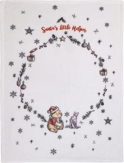 Disney Winnie the Pooh Holiday Baby Blanket, 30x40 "Santa's Little Helper" Milestone Fleece Blanket, White