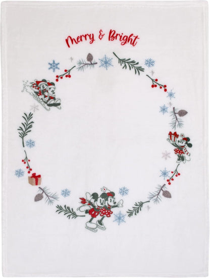 Disney Mickey and Minnie Mouse Holiday Baby Blanket, 30x40 "Merry & Bright" Wreath Photo Op Fleece Blanket, White