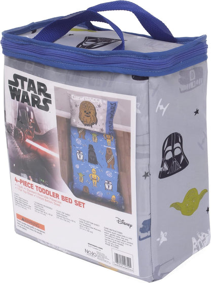 Star Wars Classic 4-Piece Toddler Bedding Set, Quilt, Fitted Sheet, Flat Sheet & Reversible Pillowcase with Travel Tote, Blue and Grey