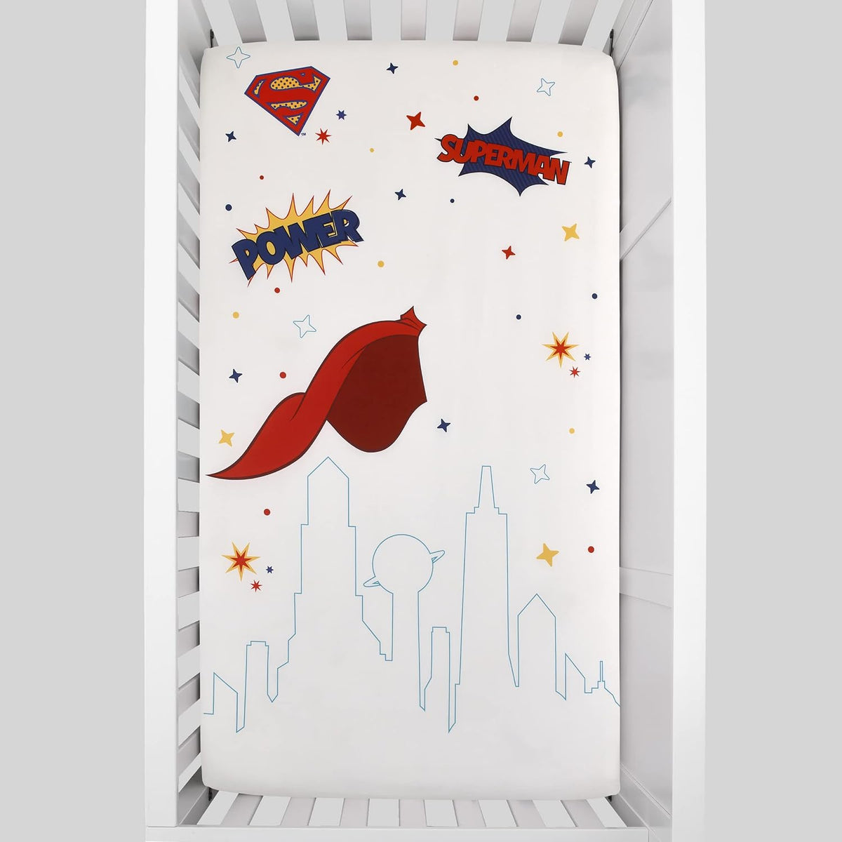 DC Comics Superman Photo Op Fitted Crib Sheet, Metropolis Skyline Superhero Baby Bed Sheet, Red, Blue and White