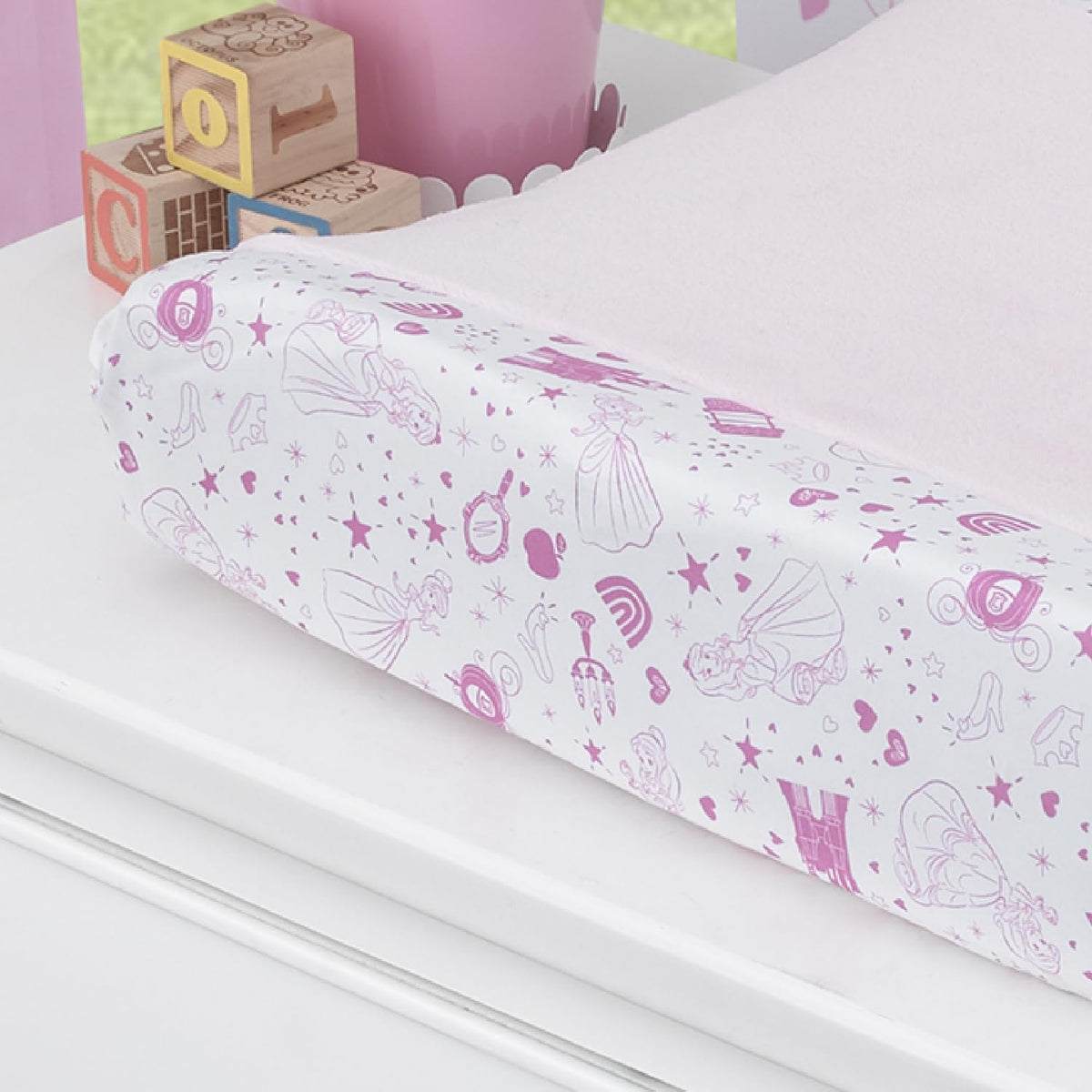 Disney Princess Baby Changing Pad Cover, Cinderella & Belle Fitted Nursery Cover, Pink and White
