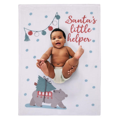 NoJo Santa's Little Helper Plush Baby Blanket, 30x40 Holiday Photo Op Milestone Blanket with Christmas Bear & Garland, White, Red and Slate Blue