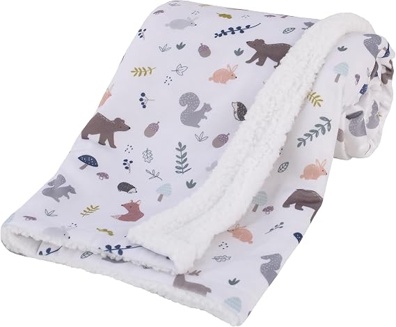 NoJo Woodland Forest Friends Sherpa Baby Blanket, 30x40 Reversible Ultra-Plush Nursery Throw, White and Grey