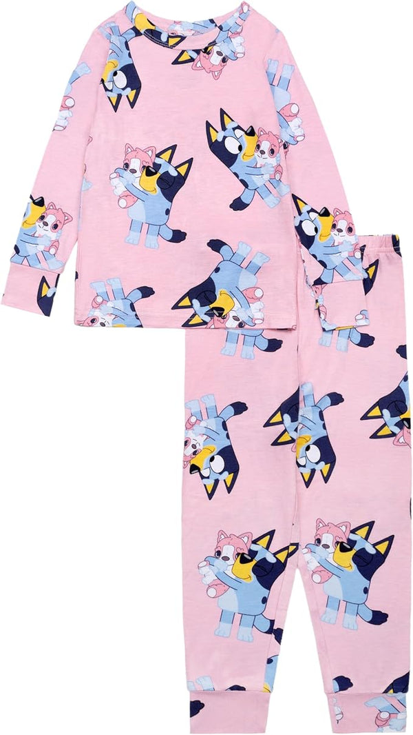 Bluey Toddler Pink Two-Piece Long Sleeve Pajama Set with Bluey and Bingo Print, Top and Jogger Pants, Sizes 12