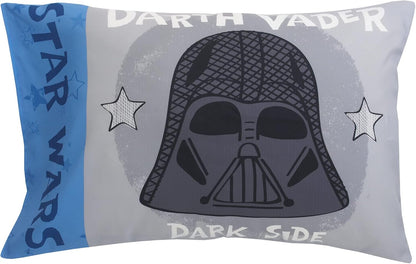 Star Wars Classic 4-Piece Toddler Bedding Set, Quilt, Fitted Sheet, Flat Sheet & Reversible Pillowcase with Travel Tote, Blue and Grey