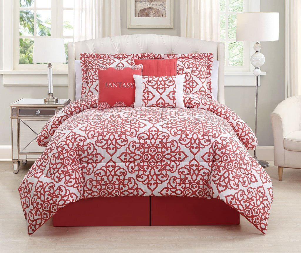 7 Piece Cal King Fantasy Coral/White Comforter Set