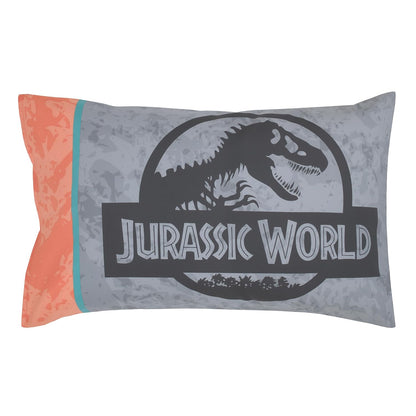 Jurassic World 4-Piece Toddler Bedding Set, T-Rex Map Comforter, Fitted Bottom Sheet, Flat Top Sheet & Pillowcase, Grey, Charcoal and Neon Orange