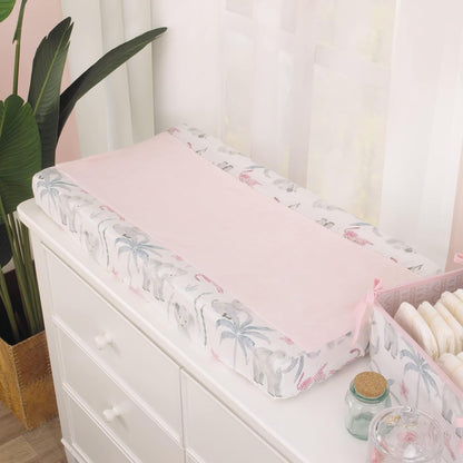 NoJo Tropical Princess Super Soft Changing Pad Cover, Jungle Elephant, Leopard & Palm Plush Diaper Pad Cover, Blush Pink & Grey