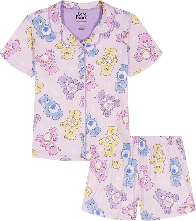Care Bears Toddler Girls 2-Piece Pajama Set, Short Sleeve Button-Front Top and Shorts, Pink Lavender Character Print, Sleepwear, Sizes 2T-4T