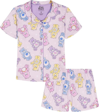 Care Bears Toddler Girls 2-Piece Pajama Set, Short Sleeve Button-Front Top and Shorts, Pink Lavender Character Print, Sleepwear, Sizes 2T-4T