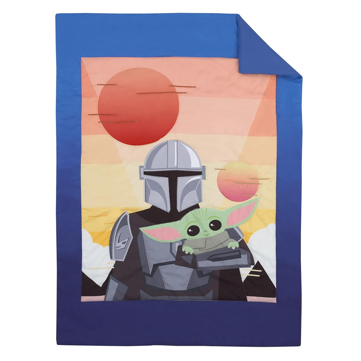 Star Wars The Mandalorian 4-Piece Toddler Bedding Set, Grogu and Mando Comforter, Sheets & Pillowcase, Navy and Orange
