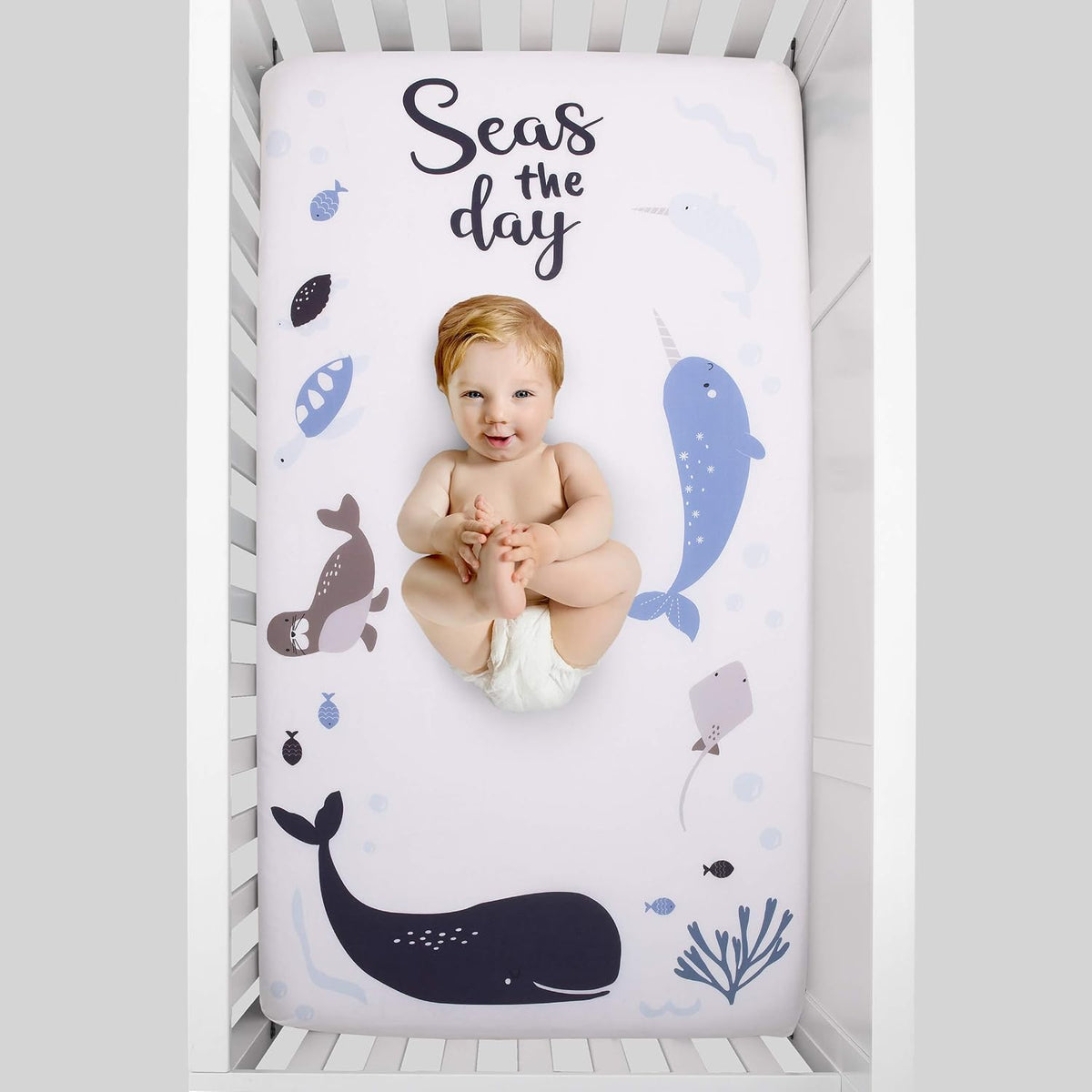NoJo Ocean "Seas the Day" 100% Cotton Photo Op Fitted Crib Sheet, Whale, Narwhal & Seal Baby Bed Sheet, Navy, Slate Blue and White