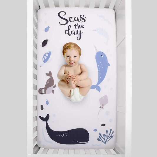 NoJo Ocean "Seas the Day" 100% Cotton Photo Op Fitted Crib Sheet, Whale, Narwhal & Seal Baby Bed Sheet, Navy, Slate Blue and White