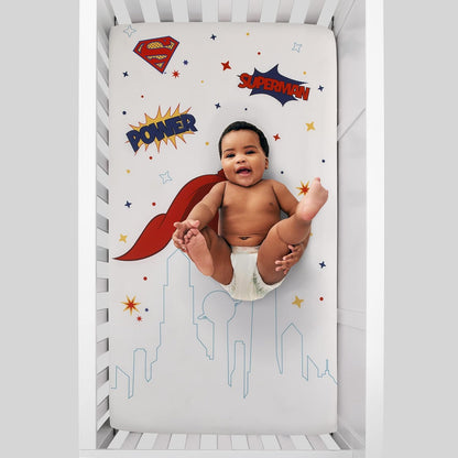 DC Comics Superman Photo Op Fitted Crib Sheet, Metropolis Skyline Superhero Baby Bed Sheet, Red, Blue and White