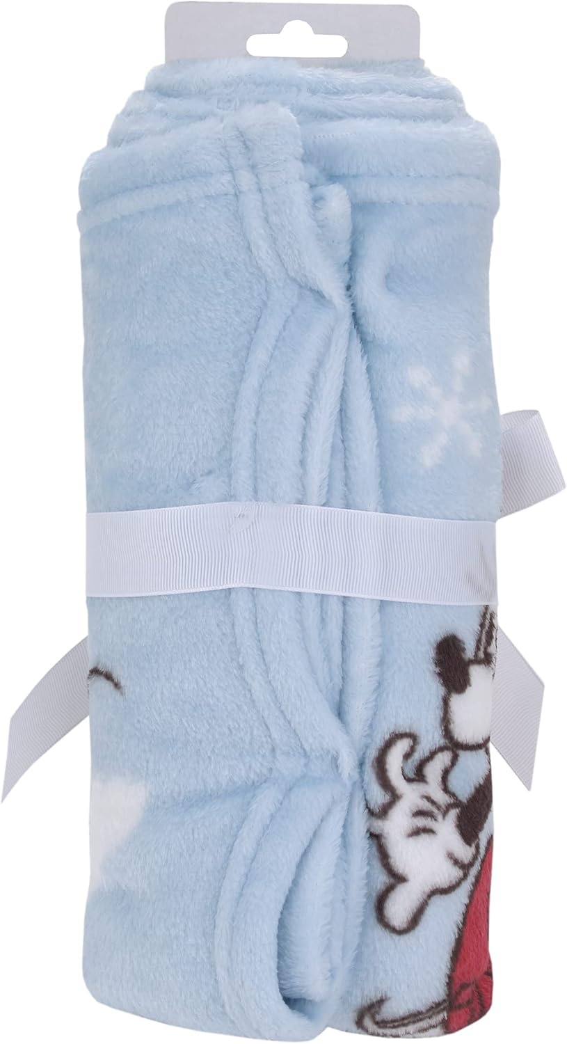 Disney Mickey and Minnie Mouse Holiday Baby Blanket, 30x40 "Oh, What Fun!" Winter Sledding Fleece Blanket, Light Blue