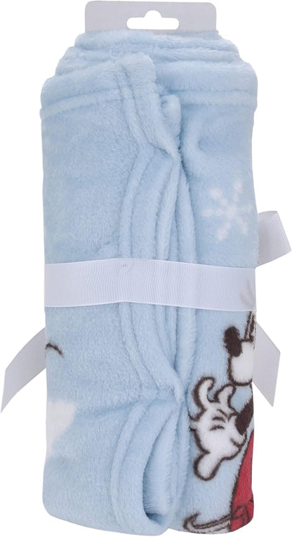 Disney Mickey and Minnie Mouse Holiday Baby Blanket, 30x40 "Oh, What Fun!" Winter Sledding Fleece Blanket, Light Blue