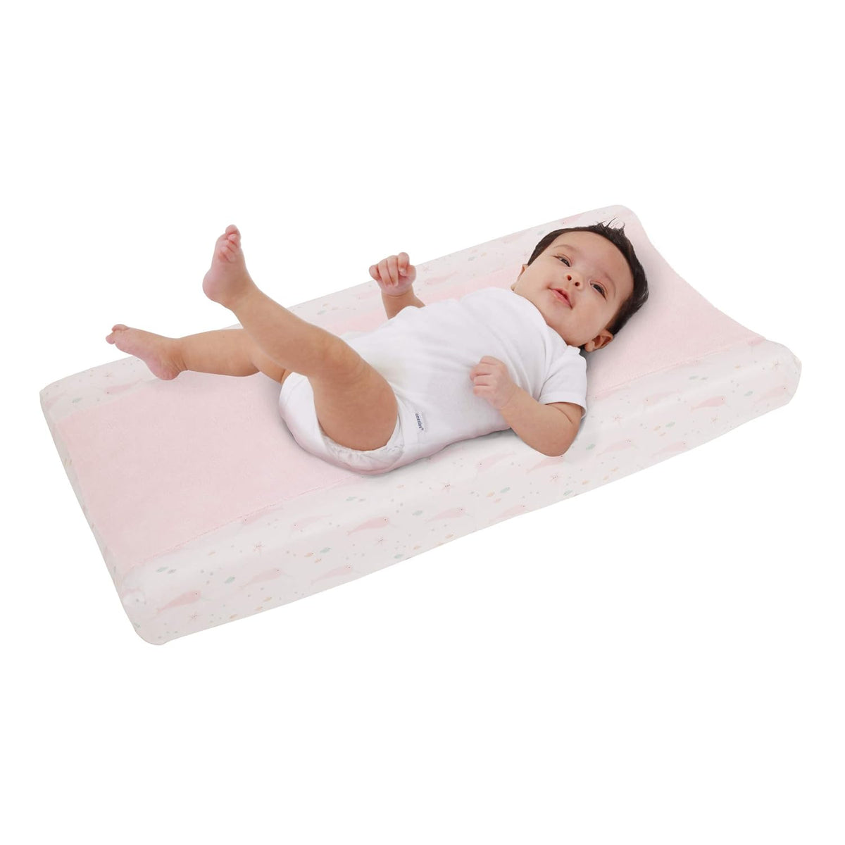 NoJo Under the Sea Narwhal Contoured Changing Pad Cover, Plush Center Panel Diaper Pad Cover, Soft Pink and White