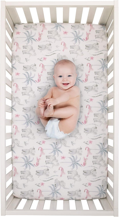 NoJo Watercolor Safari Floral Fitted Crib Sheet, Elephant, Cheetah & Palm Trees Baby Bed Sheet, Soft Pink, Grey and White