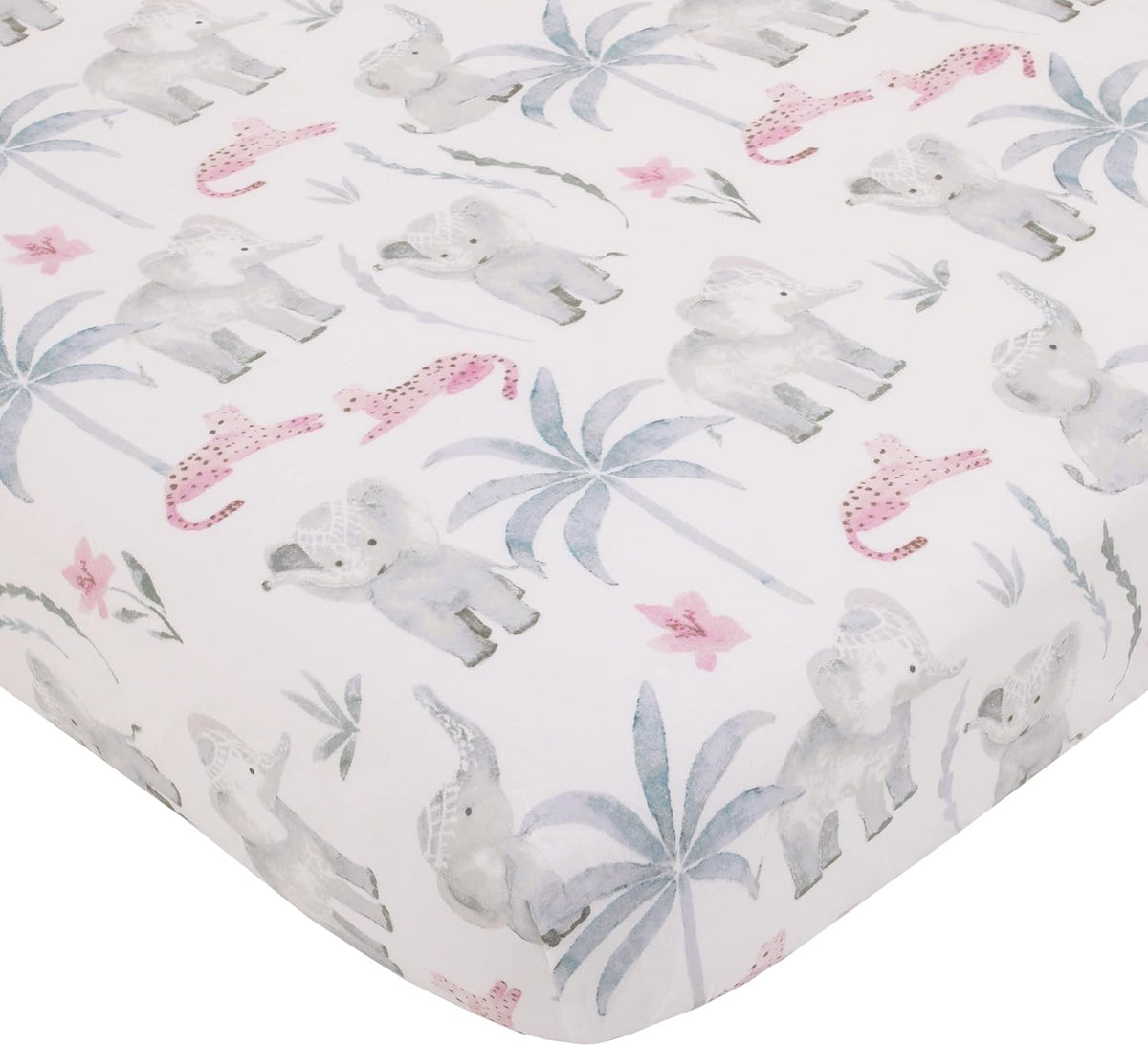 NoJo Watercolor Safari Floral Fitted Crib Sheet, Elephant, Cheetah & Palm Trees Baby Bed Sheet, Soft Pink, Grey and White