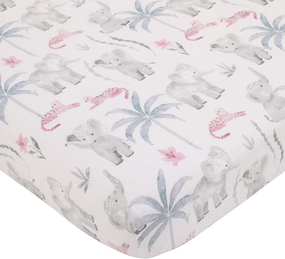NoJo Watercolor Safari Floral Fitted Crib Sheet, Elephant, Cheetah & Palm Trees Baby Bed Sheet, Soft Pink, Grey and White