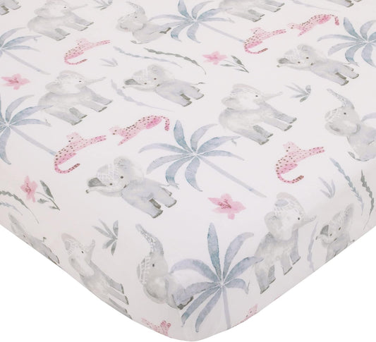 NoJo Watercolor Safari Floral Fitted Crib Sheet, Elephant, Cheetah & Palm Trees Baby Bed Sheet, Soft Pink, Grey and White