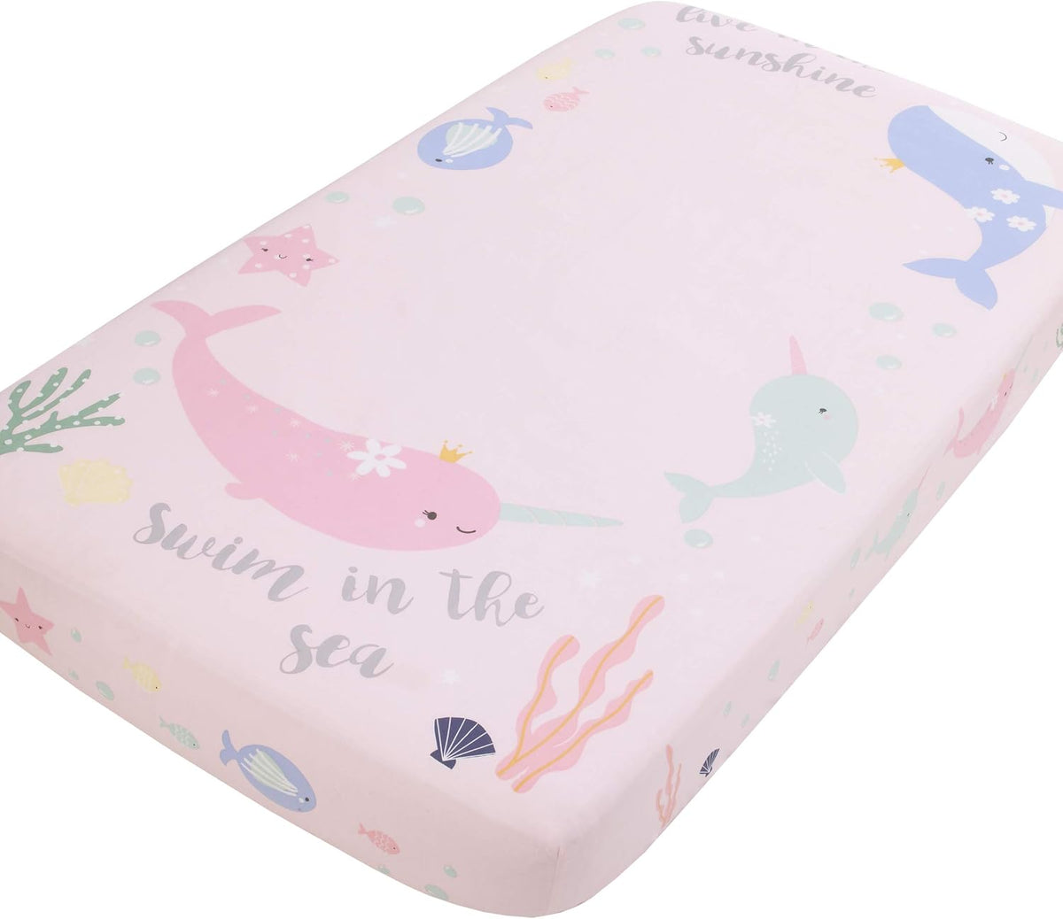 NoJo Under the Sea Narwhal 100% Cotton Photo Op Fitted Crib Sheet, "Swim in the Sea" Whale Baby Bed Sheet, Soft Pink, Mint and Lavender