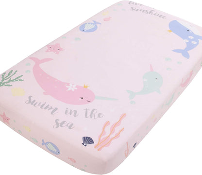 NoJo Under the Sea Narwhal 100% Cotton Photo Op Fitted Crib Sheet, "Swim in the Sea" Whale Baby Bed Sheet, Soft Pink, Mint and Lavender