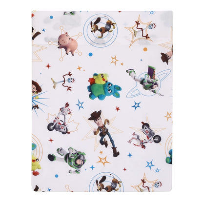 Disney Pixar Toy Story 4-Piece Toddler Bedding Set, Woody, Buzz Lightyear, Jessie & Hamm Comforter, Fitted Bottom Sheet, Flat Top Sheet & Pillowcase, Sky Blue and Red