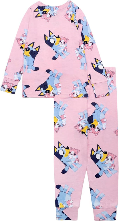 Bluey Toddler Pink Two-Piece Long Sleeve Pajama Set with Bluey and Bingo Print, Top and Jogger Pants, Sizes 12-24 Months