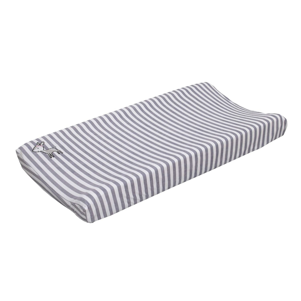 NoJo Little Love Woodland Deer Contoured Changing Pad Cover, Striped Plush Diaper Pad Cover with Embroidered Fawn, Grey and White