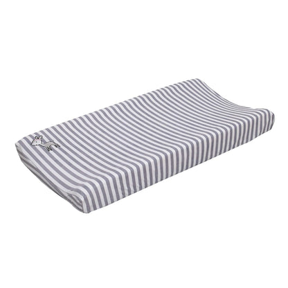 NoJo Little Love Woodland Deer Contoured Changing Pad Cover, Striped Plush Diaper Pad Cover with Embroidered Fawn, Grey and White