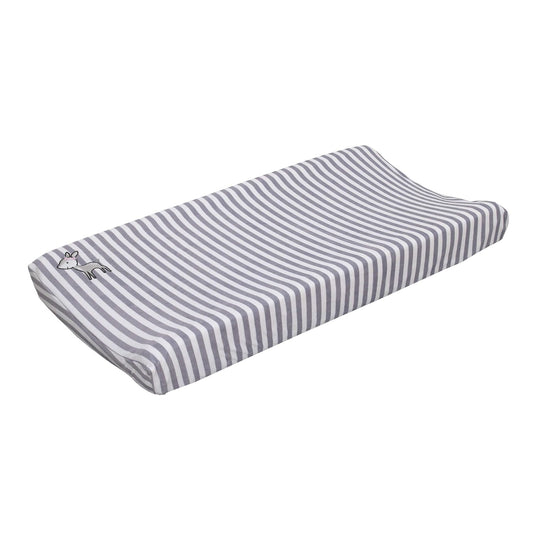 NoJo Little Love Woodland Deer Contoured Changing Pad Cover, Striped Plush Diaper Pad Cover with Embroidered Fawn, Grey and White