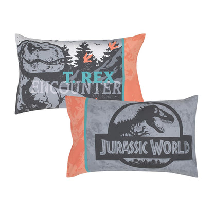 Jurassic World 4-Piece Toddler Bedding Set, T-Rex Map Comforter, Fitted Bottom Sheet, Flat Top Sheet & Pillowcase, Grey, Charcoal and Neon Orange