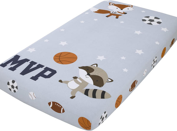 NoJo All-Star Sports 100% Cotton Photo Op Fitted Crib Sheet, Woodland Animals MVP Baby Bed Sheet, Heather Grey