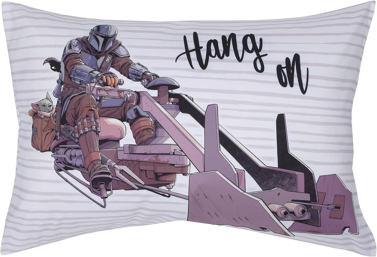 Star Wars The Mandalorian 4-Piece Toddler Bedding Set, Grogu "Stronger Than You Think" Comforter, Sheets & Pillowcase, Dusty Rose and Blue