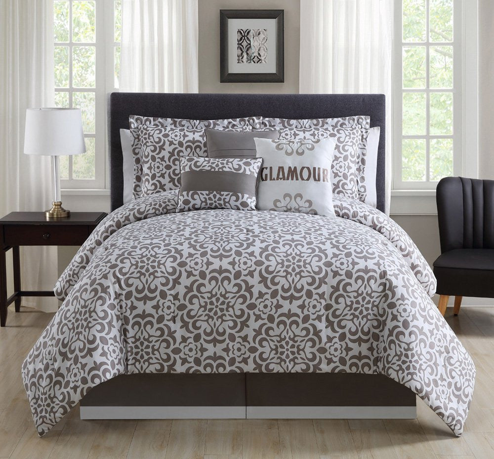 7 Piece Cal King Glamour Taupe/White Comforter Set