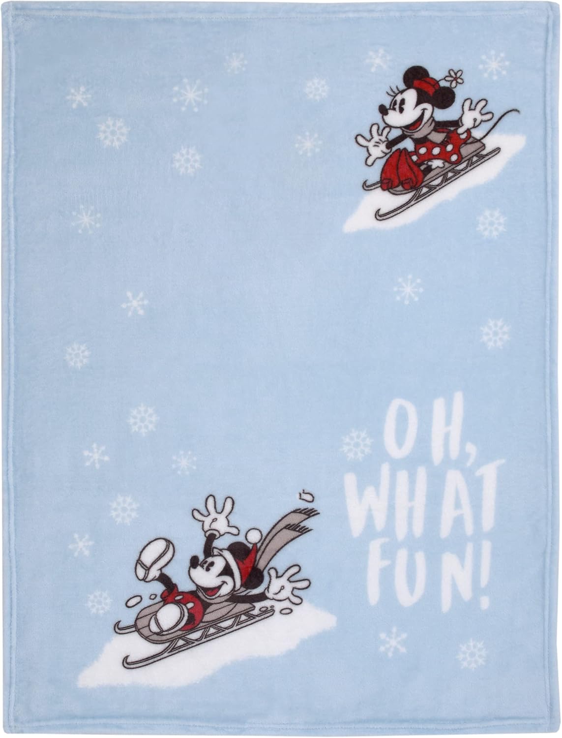 Disney Mickey and Minnie Mouse Holiday Baby Blanket, 30x40 "Oh, What Fun!" Winter Sledding Fleece Blanket, Light Blue