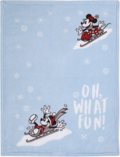 Disney Mickey and Minnie Mouse Holiday Baby Blanket, 30x40 "Oh, What Fun!" Winter Sledding Fleece Blanket, Light Blue