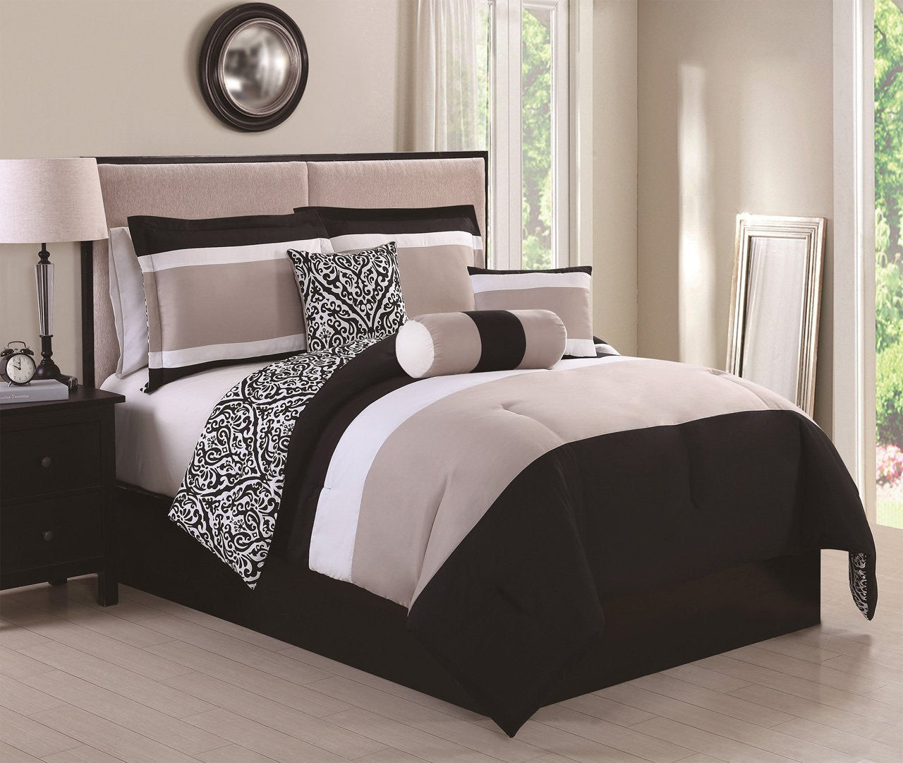 6 Piece Full Amelina Black/Taupe Reversible Comforter Set