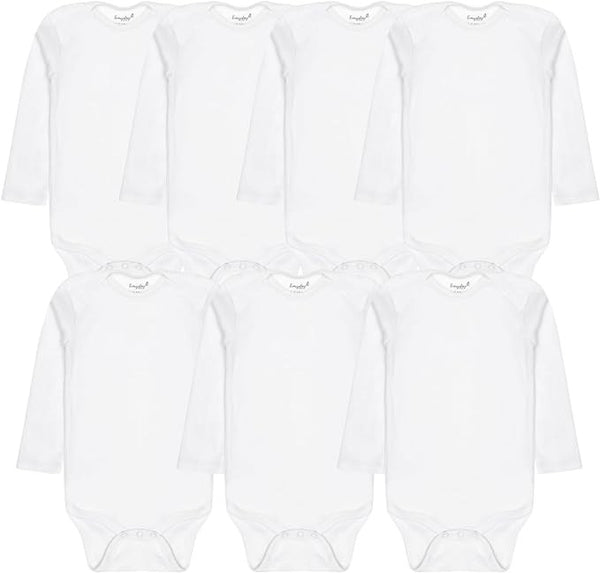 Everyday Kids 7 Pack White Long Sleeve Baby Bodysuits for Boys and Girls