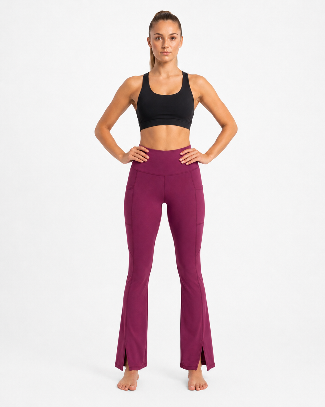New York Laundry Women's High-Waisted Flare Yoga Pants with Side Pockets and Hem Slits, Purple