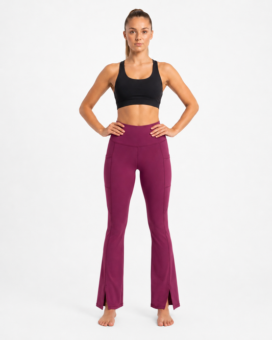 New York Laundry Women's High-Waisted Flare Yoga Pants with Side Pockets and Hem Slits, Purple
