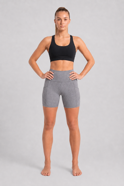 New York Laundry Women's 7-Inch High-Waisted Biker Shorts with Side Pockets, Heather Grey