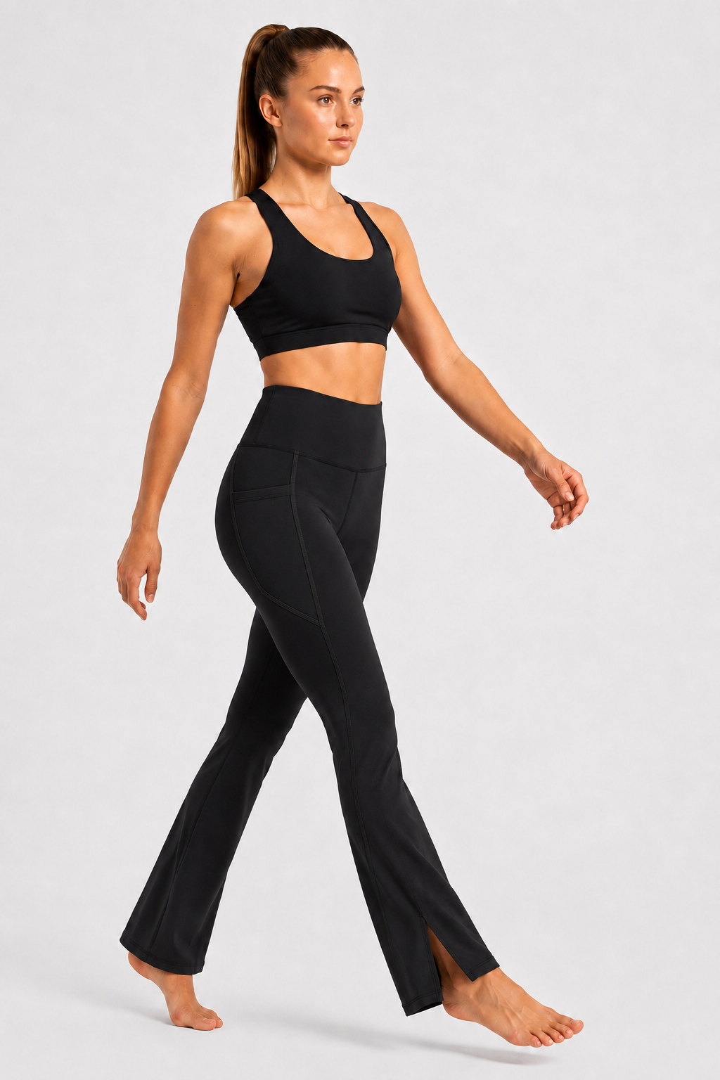 New York Laundry Women's High-Waisted Flare Yoga Pants with Side Pockets and Hem Slits, Jet Black